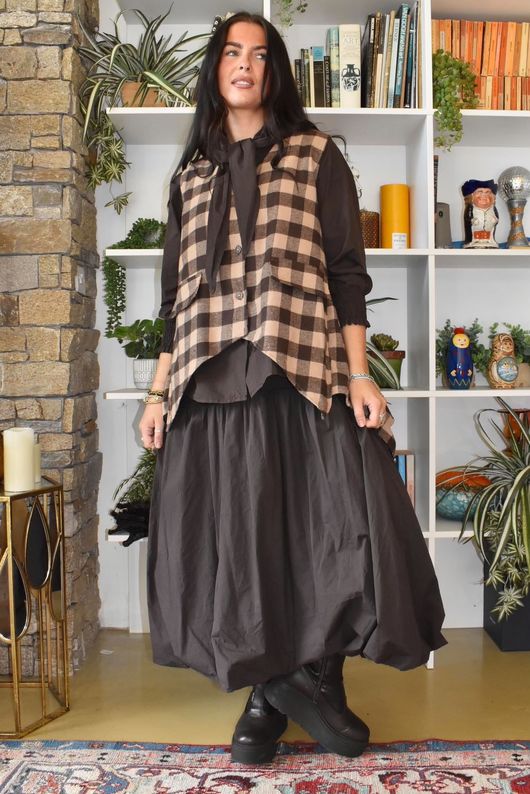 Nora Brushed Cotton Gingham Trapeze Waistcoat Coffee Bean